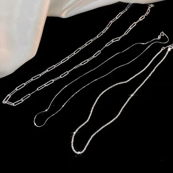 Brand New 925 Sterling Silver Layered Necklace Sparking 3pc Set Minimalist Chain - Picture 2 of 9